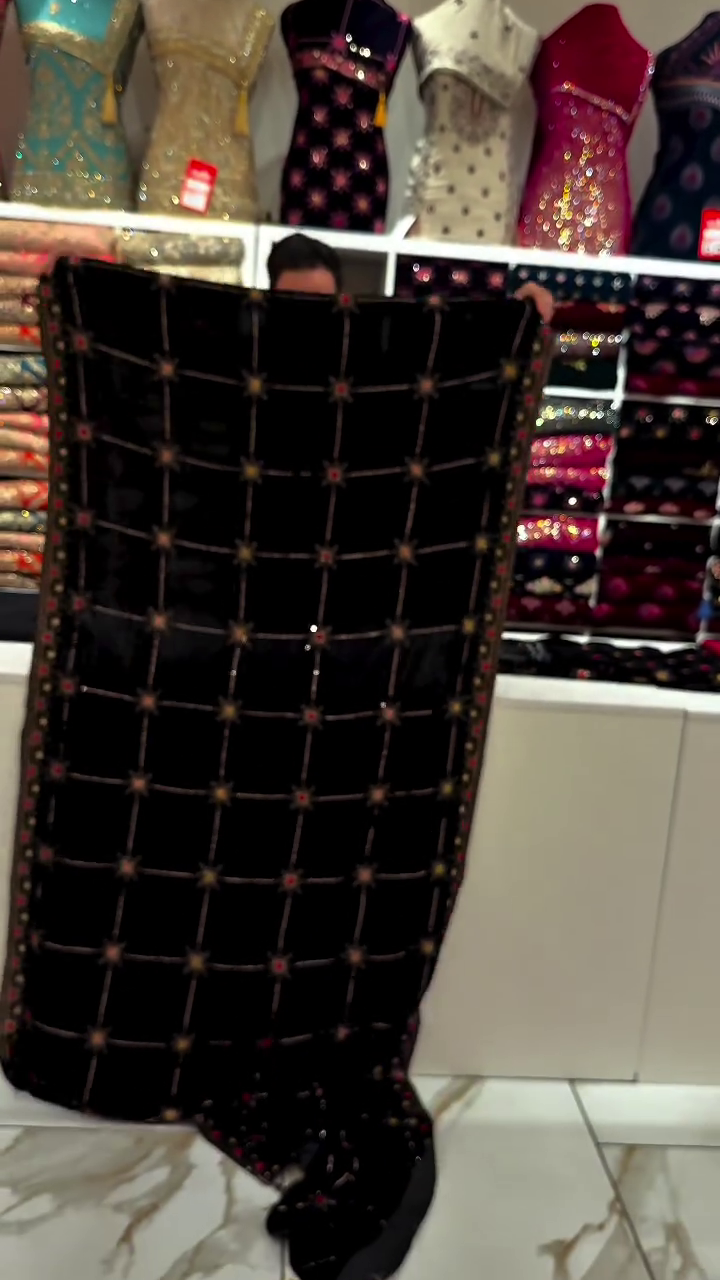 Luxury Micro Velvet Fabric with Floral Thread & Sequin Embroidery – Premium Craftsmanship for Bridal, Couture & Festive Wear