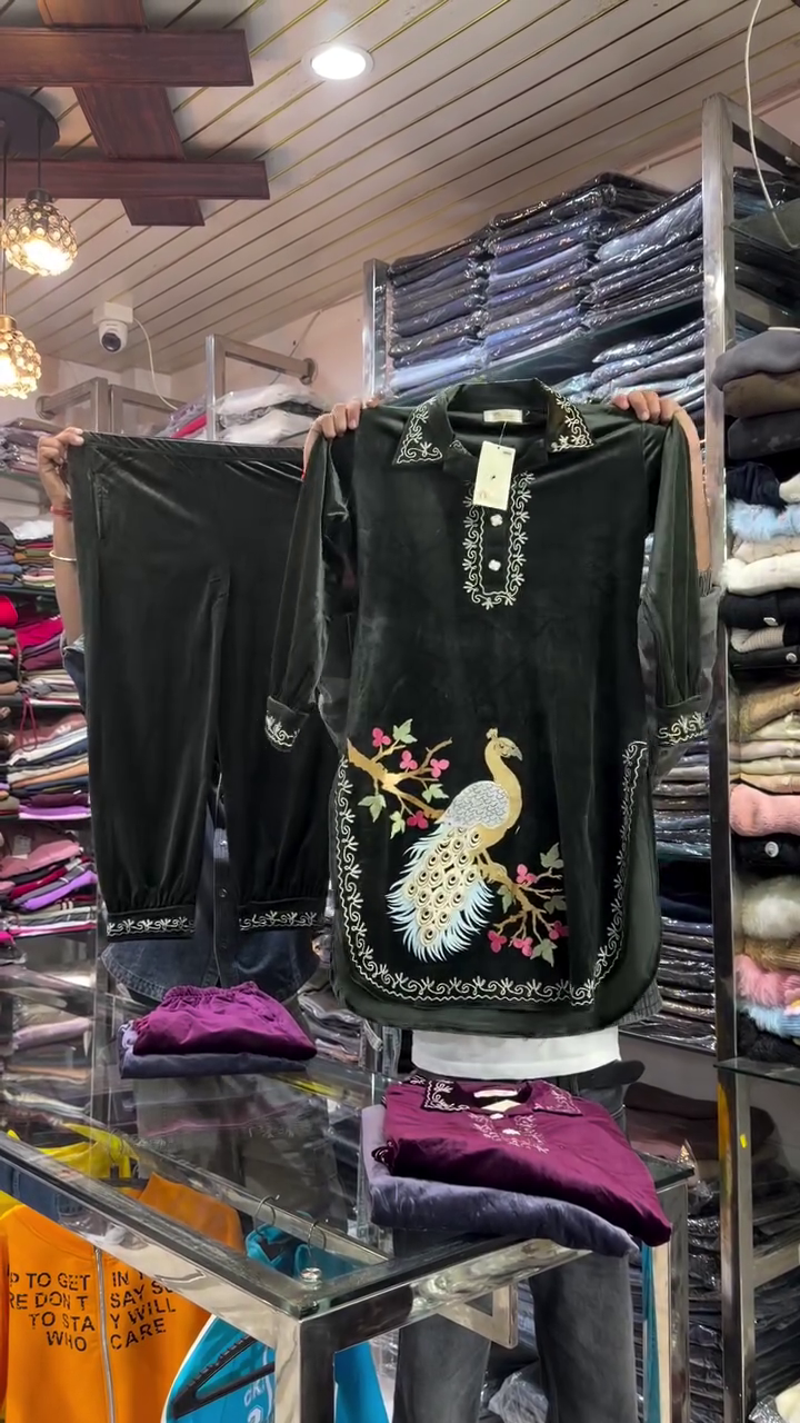 Embroidered Mandarin Collar Velvet Tunic with Trouser – Elegant Luxury for Festive & Formal Occasions