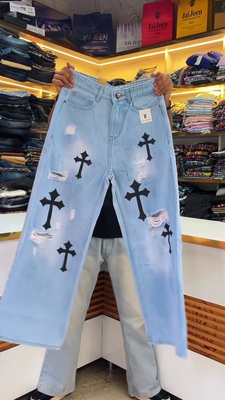 Men’s Baggy Hip-Hop Cross Patchwork Jeans – Loose Fit Wide Leg Streetwear Denim Pants