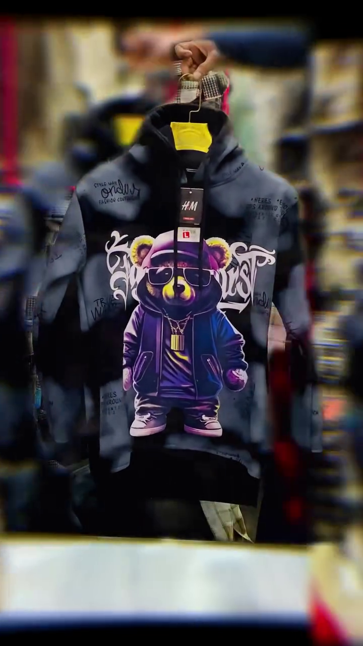 Stylish Men’s Black Woolen Hoodie with Colorful Teddy Bear Design – Cozy Pullover Sweatshirt with Front Pocket