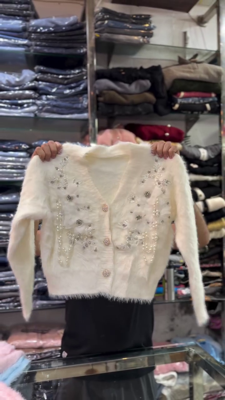 Women’s Chic V-Neck Multicolor Diamante Beaded Knitted Sweater Cardigan Coat – Stylish, Cozy, and Sparkling Layering Essential