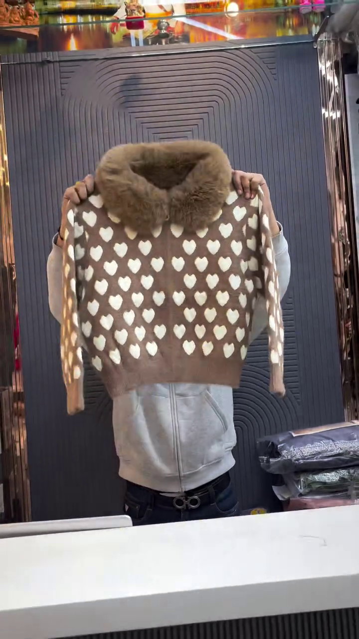 Brown & White Heart-Patterned Sweater with Fur Collar – Cozy, Chic, and Stylish Winter Knitwear for Women