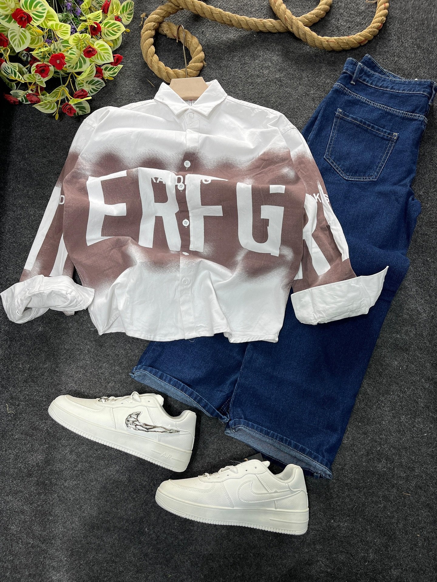 Effortless Boho-Chic: White & Brown Tie-Dye Button-Down Shirt with Wide-Leg Blue Denim Jeans – Trendy Casual Streetwear Look