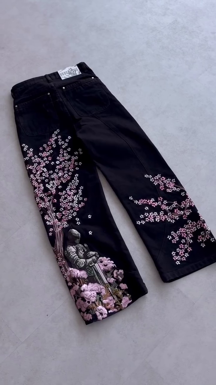 Cherry Blossom Knight Embroidered Jeans – Retro Japanese-Inspired Wide-Leg Denim for Modern Streetwear Style