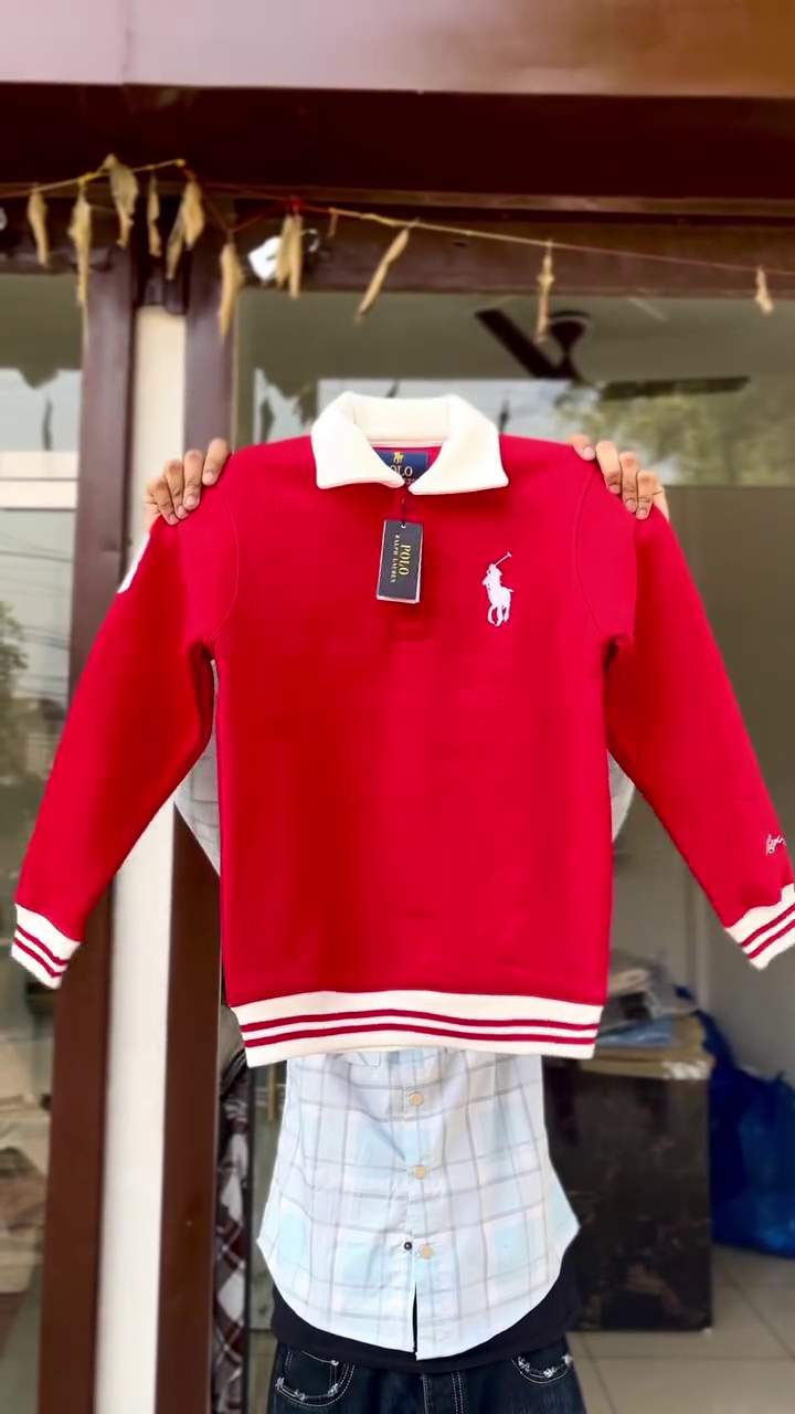 Red Polo Ralph Lauren Sweatshirt with White Collar and Contrasting White Stripe Trim