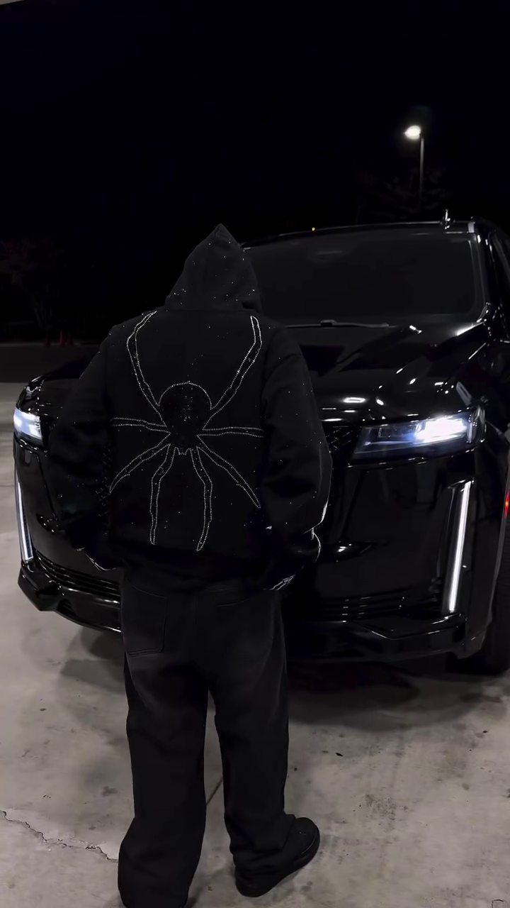 Black Shimmer Hoodie with Spider Graphic – Stylish Streetwear Pullover for Bold, Urban Vibes