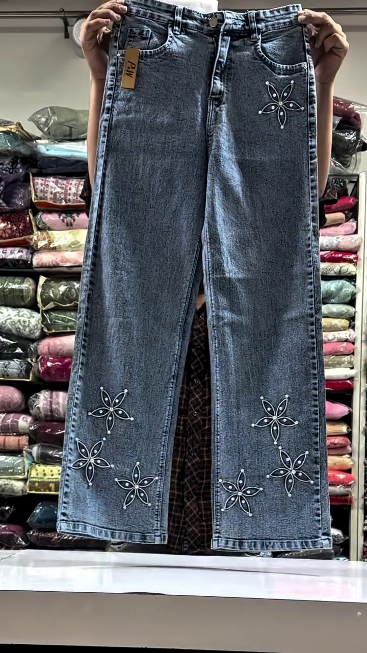 Effortless Charm: Women’s Blue Wide-Leg Jeans with White Floral Embroidery