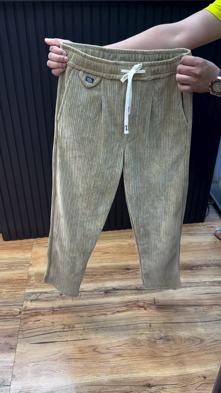 Relaxed Refinement: Men’s Beige Corduroy Pants with Drawstring Waist